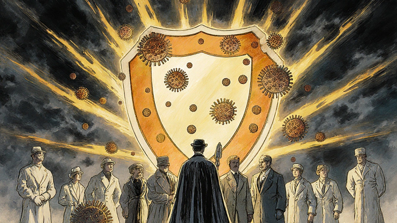 A medical team defending against viruses with a layered antiviral shield, in heroic Howard Pyle artistic style.