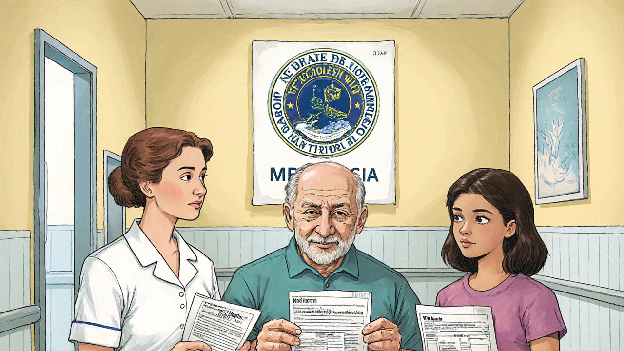 A nurse, elderly man, and mother holding MedWatch forms in a clinic hallway.