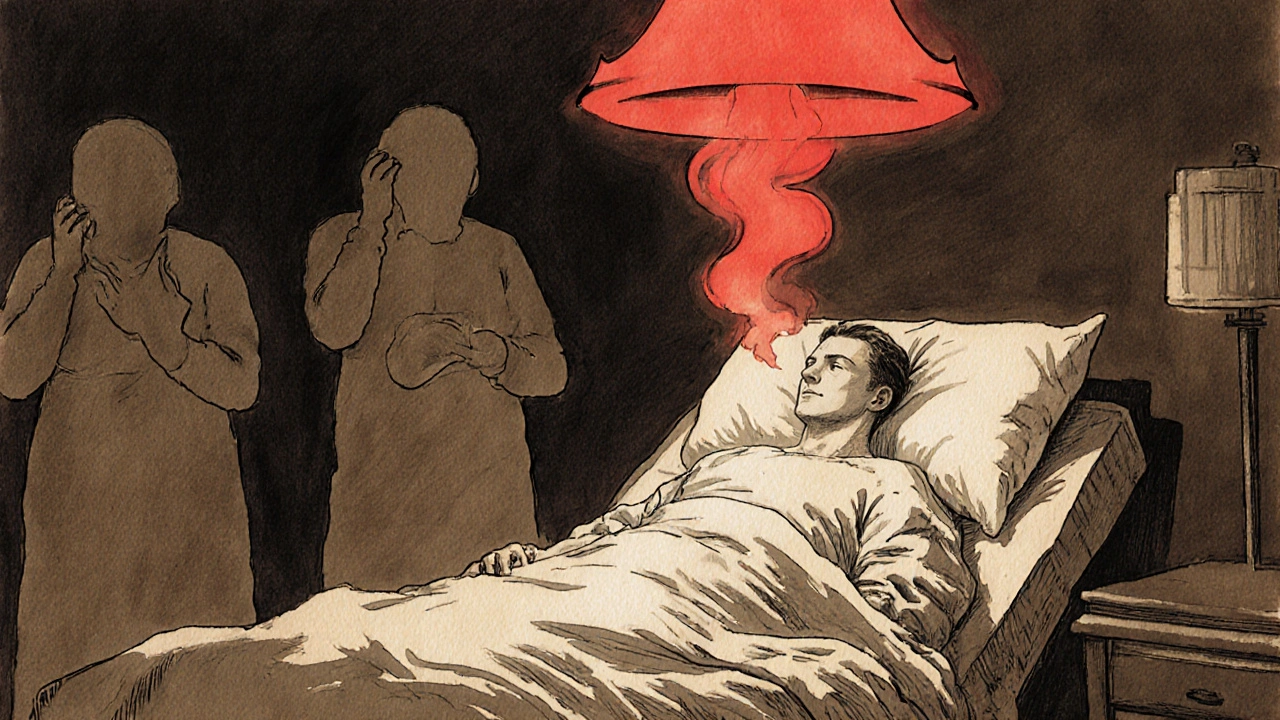 A patient in bed is surrounded by faint side effects, while a glowing red symbol of a serious reaction rises like a smoke alarm.