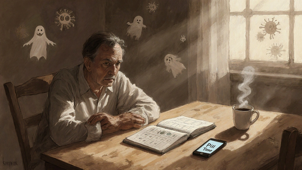 A person taking medication at dawn with a pill organizer and phone alarm, in quiet Howard Pyle illustration style.