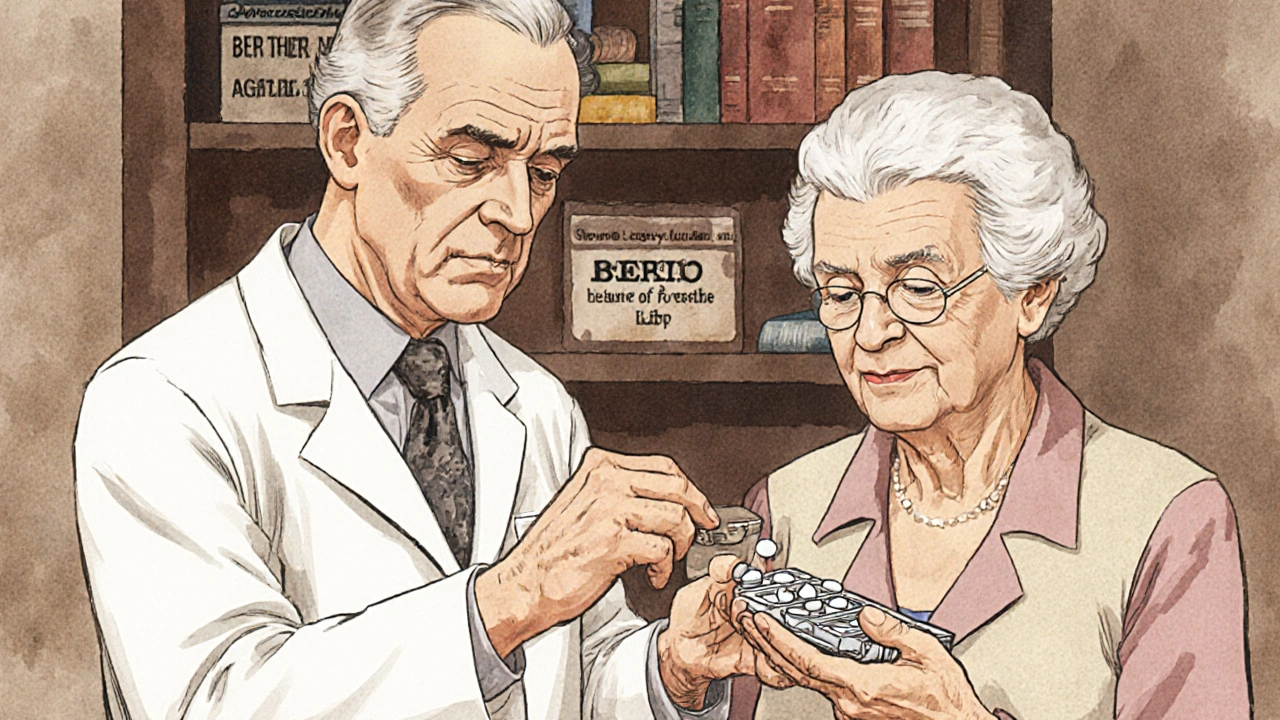 A pharmacist gently helping an older woman reduce her medications with care.