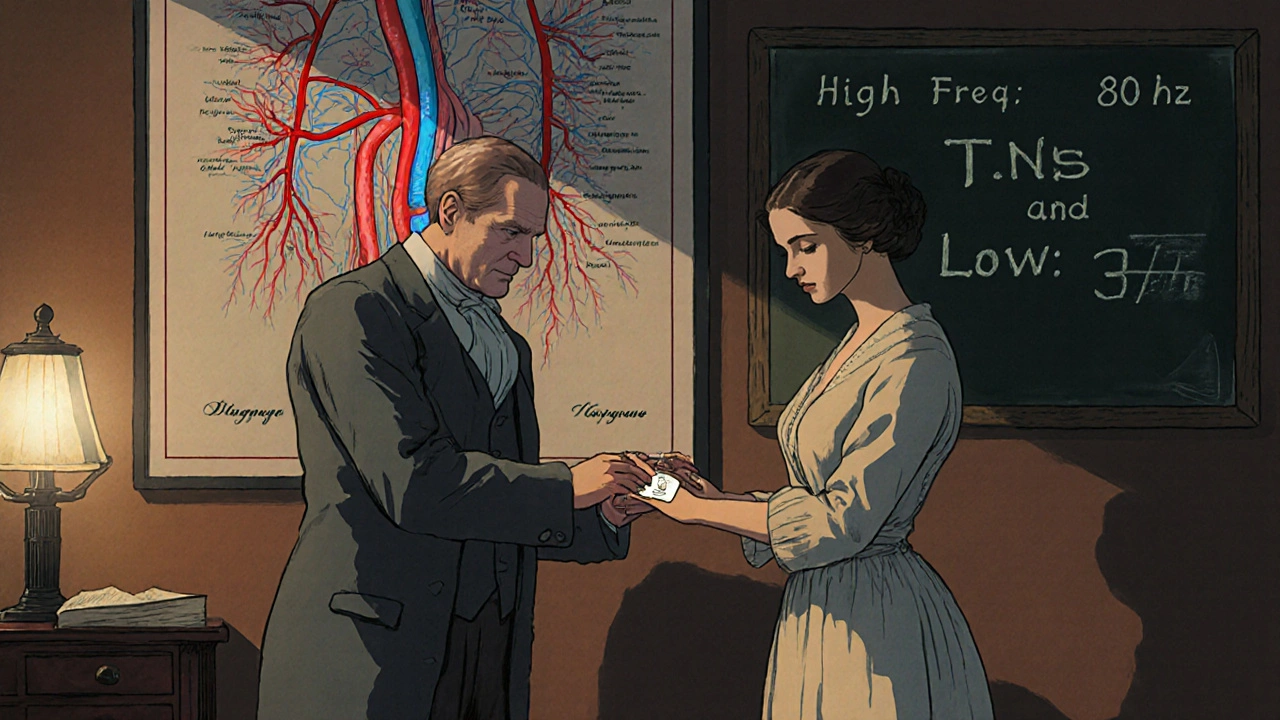 A physical therapist demonstrating correct TENS electrode placement using an anatomical chart and chalkboard.