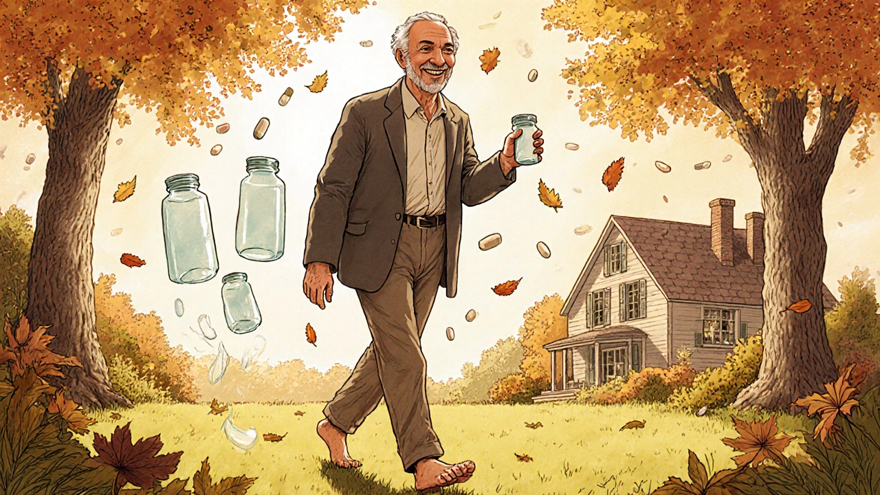 A senior walking freely in a garden, holding only two pills, leaving excess meds behind.