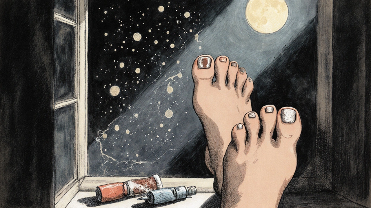 A woman admires her healthy nails in a mirror, old antifungal products discarded, as spores fade in moonlight.