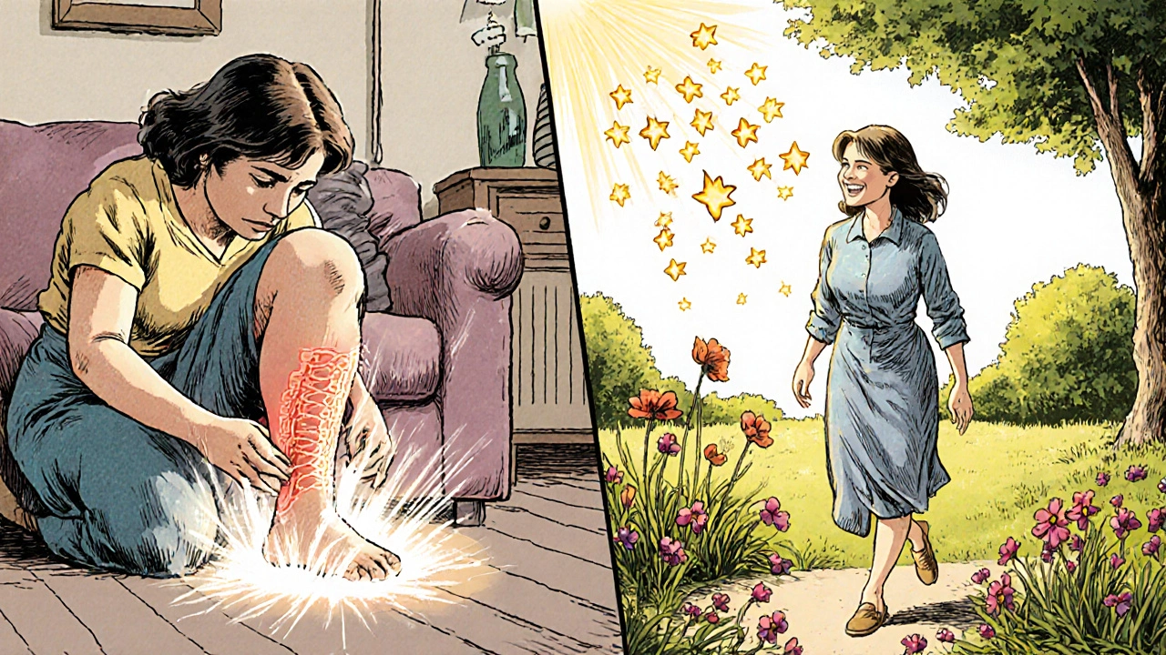 A woman experiencing pain relief from TENS, transitioning from discomfort to walking happily in a sunlit garden.