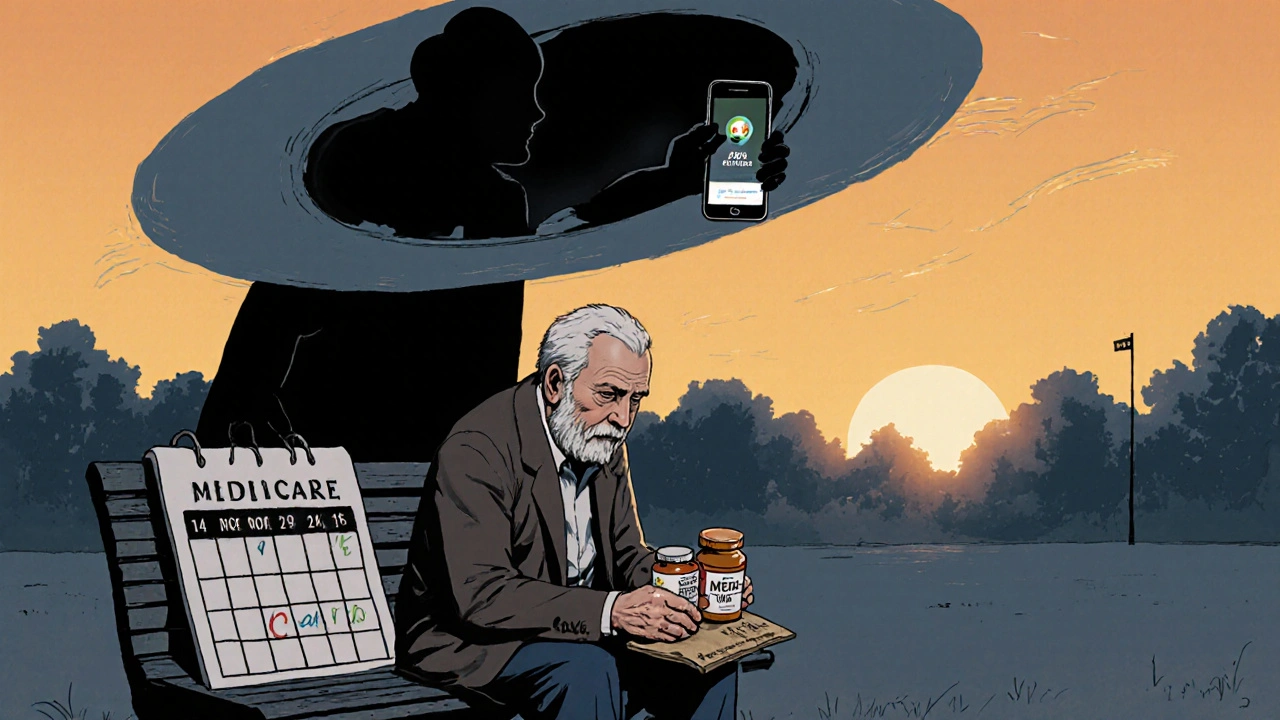An elderly man contemplating pill choices as the PBS black hole looms, with a glowing app in the distance.