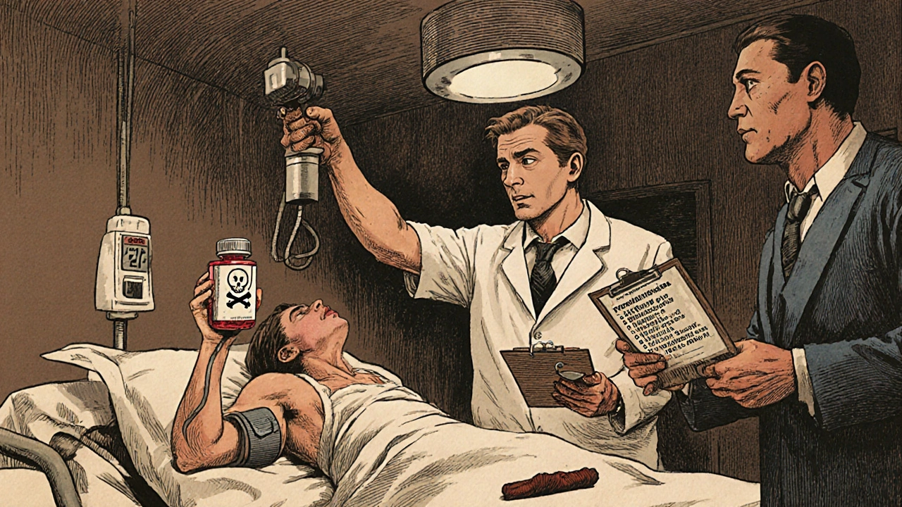 An emergency room scene with a patient on a gurney, a pharmacist holding a decongestant, and a doctor shocked by medication interactions.