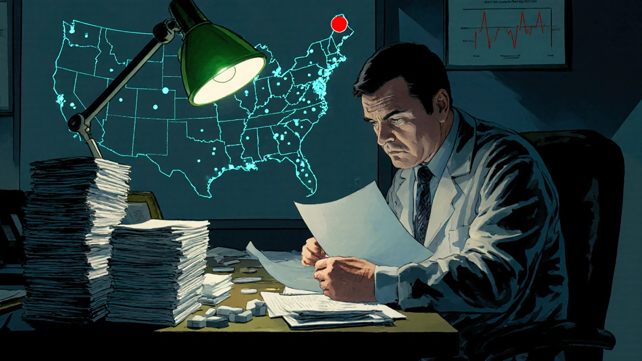 An FDA analyst reviewing reports with a map showing adverse reaction hotspots.
