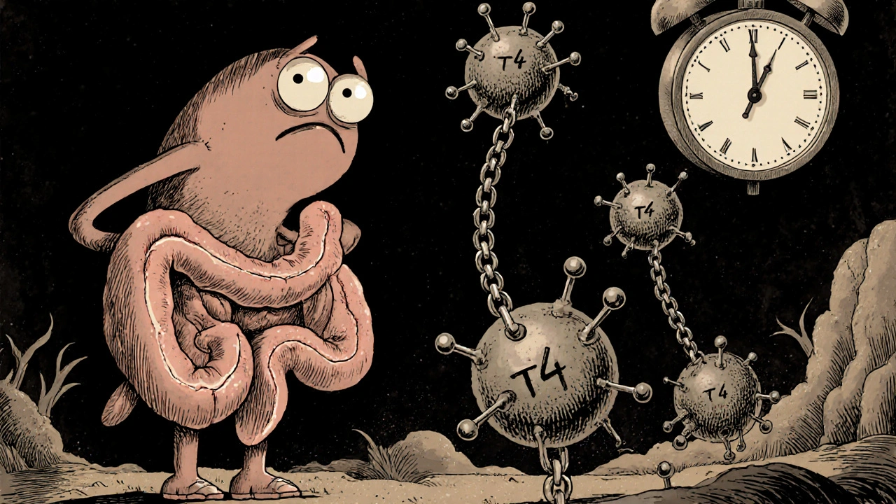 Anthropomorphic thyroid gland watching iron ions bind to thyroid hormone molecules in the gut.