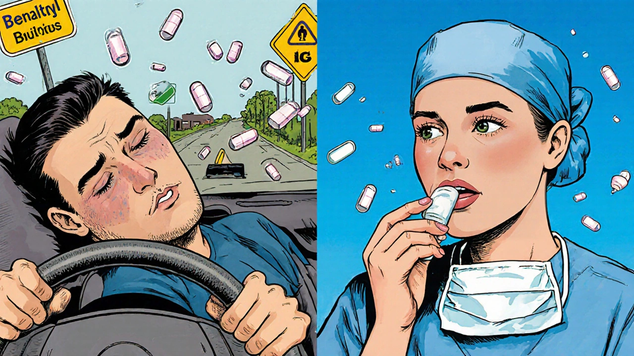 Contrasting scenes of drowsy driver versus alert surgeon using different antihistamines.