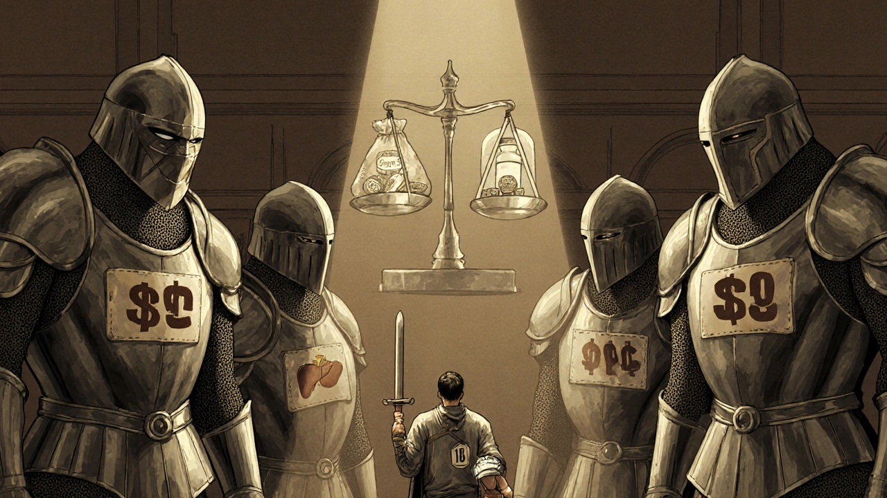 Corporate drug giants defeated by a pharmacist holding a generic pill, symbolizing PBS price control in Howard Pyle style.