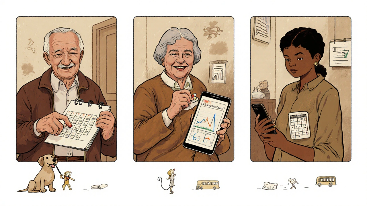 Diverse individuals successfully tracking medication with simple tools like calendars, pill boxes, and phones.