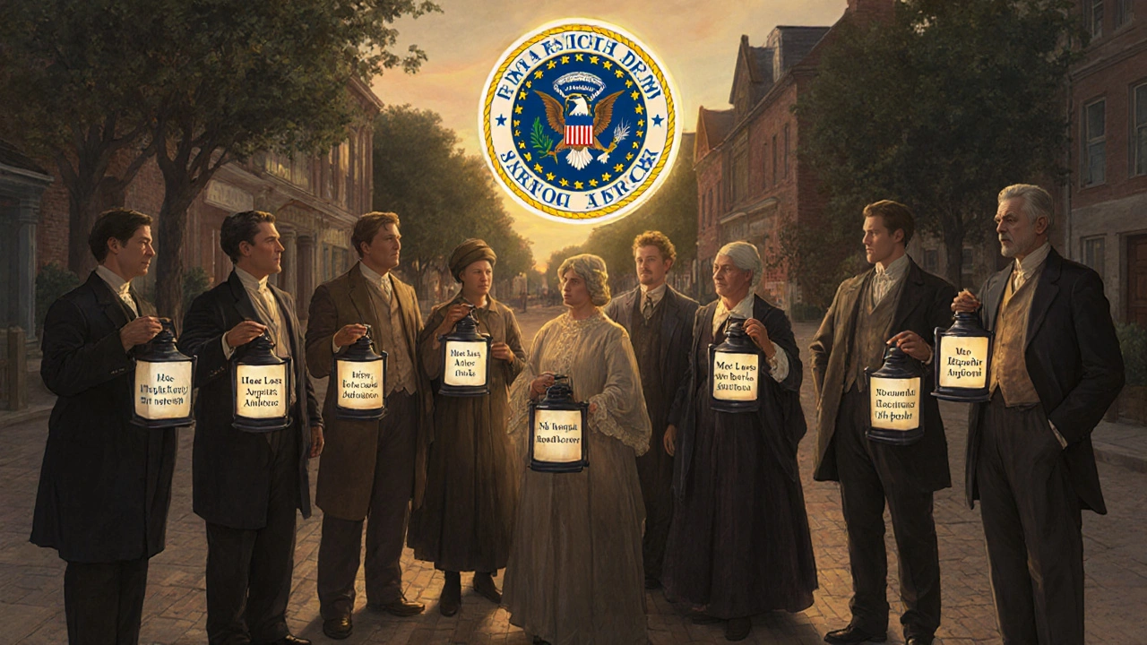 Diverse patients hold lanterns labeled with their reports, standing under a glowing FDA seal in a quiet town square.