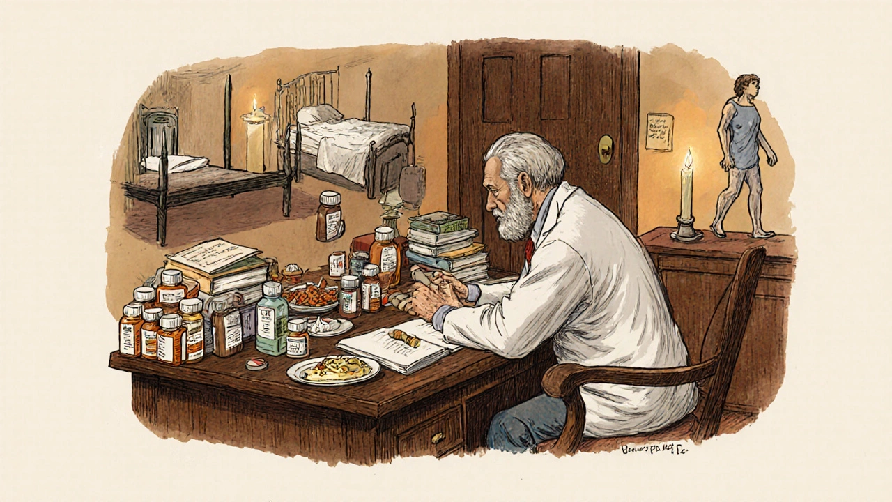 Doctor guiding patient from pills to lifestyle changes like elevated bed and healthy eating.