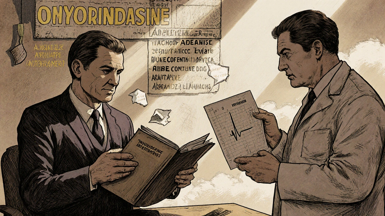 Doctor handing patient safer medication options as a faded thioridazine poster is torn away by light.