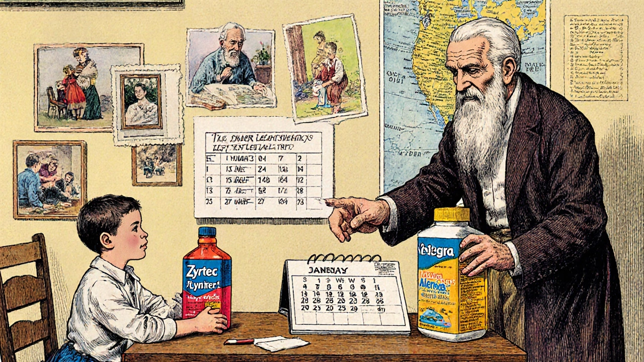 Elderly man and child with pharmacist, learning when to start allergy medication.