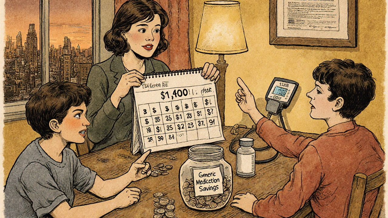 Family celebrating savings from generic medications at kitchen table with coin jar