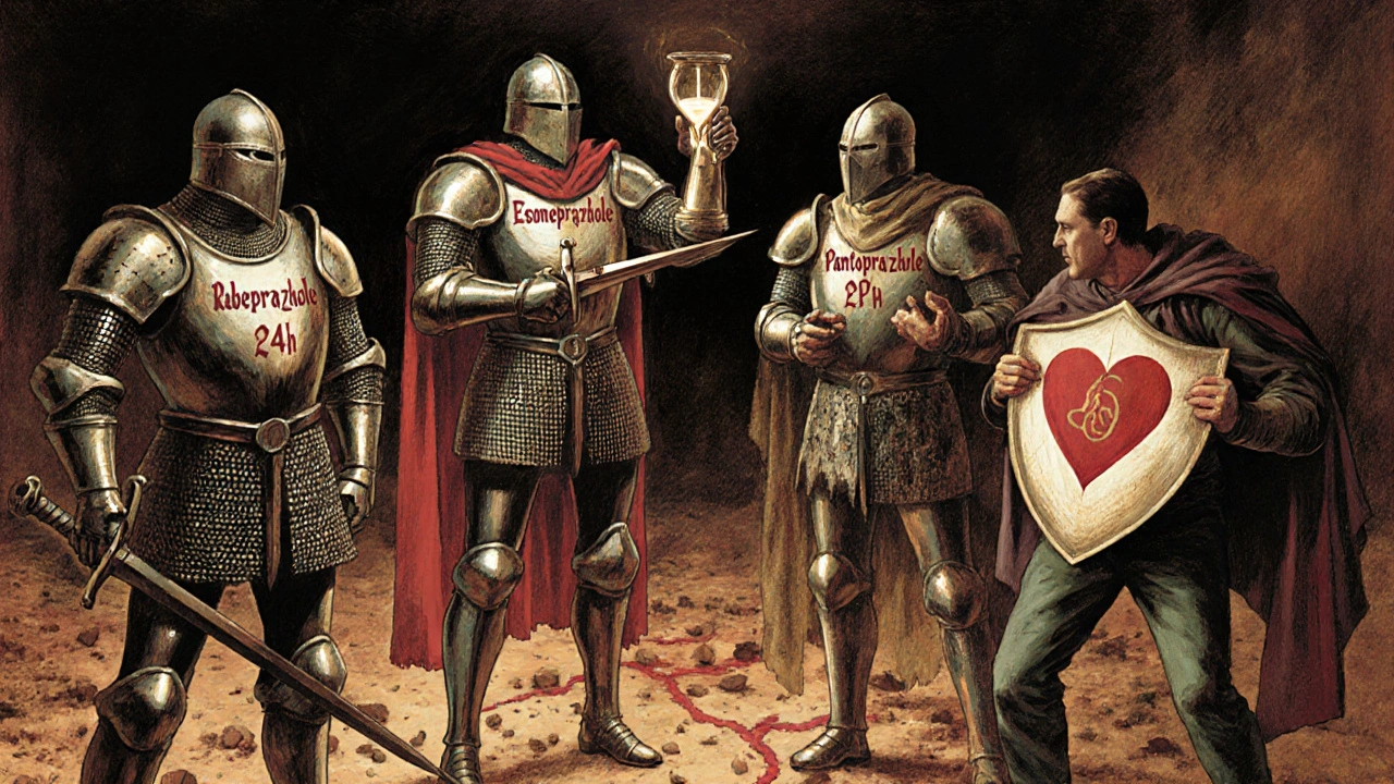 Four PPIs as knights in a human body battlefield, with Rabeprazole and Pantoprazole in conflict.