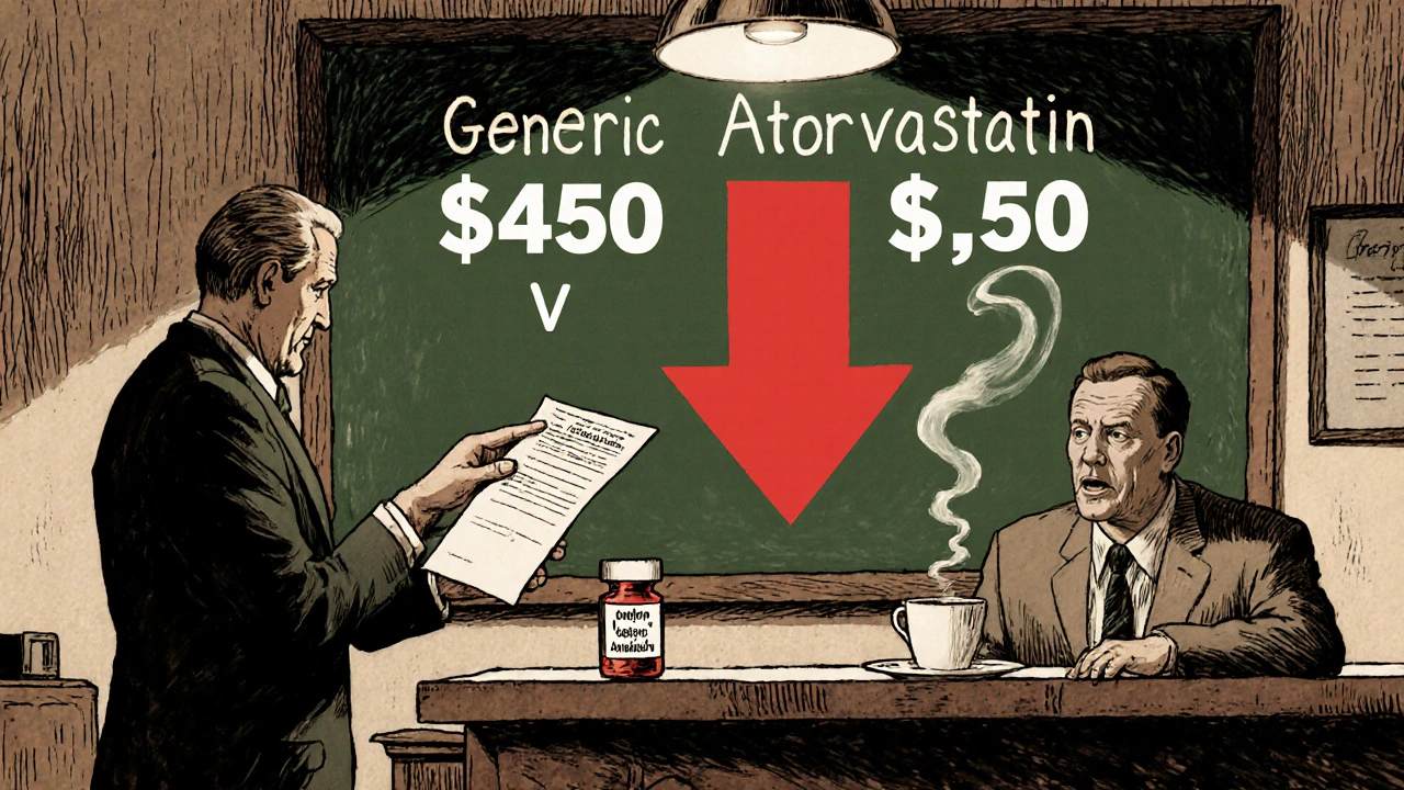Patient and doctor comparing drug prices at pharmacy with dramatic chalkboard display