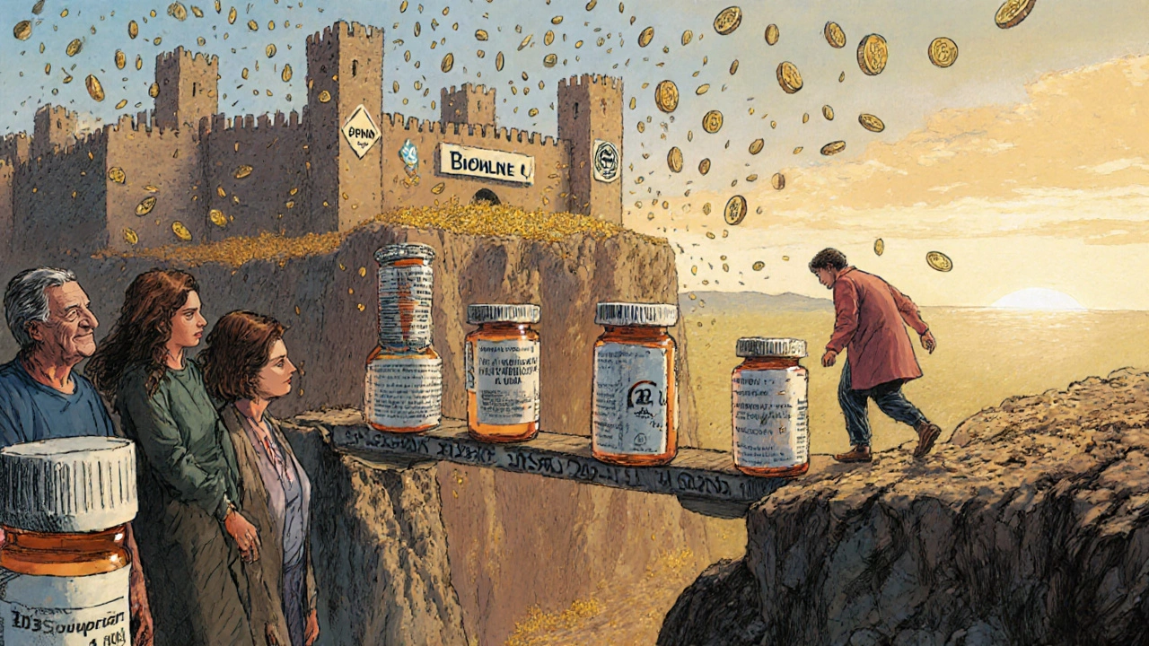 Patients stand at a cost cliff, eyeing a biosimilar bridge as a fortress of PBMs looms above, dawn breaking behind them.