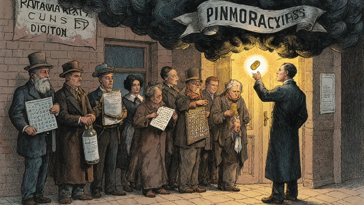 Patients wait outside a clinic as a doctor holds up a glowing treatment pill, symbolizing hope for OIC relief.