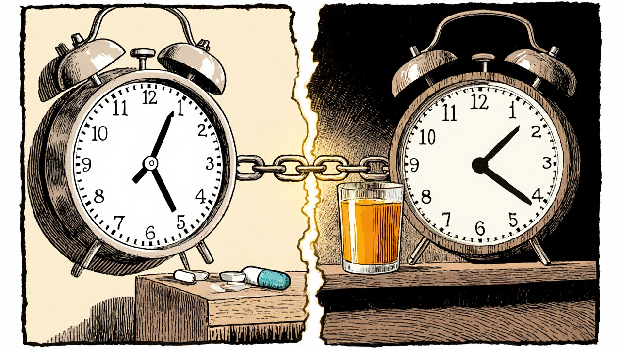 Split-panel illustration showing thyroid pill in morning and iron supplement with orange juice hours later.
