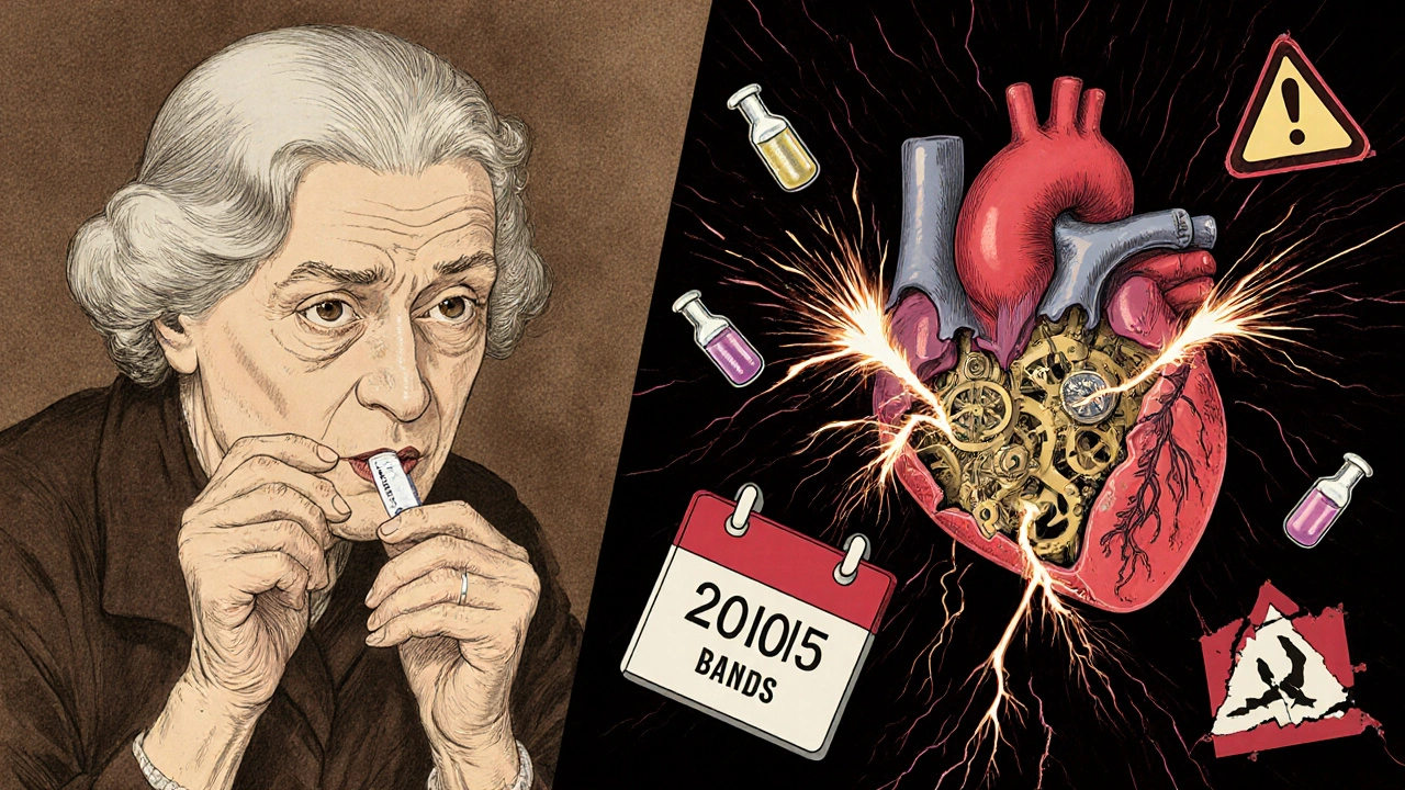 Split scene: elderly woman taking pill vs. her heart becoming a broken clockwork mechanism with torsades de pointes sparks.