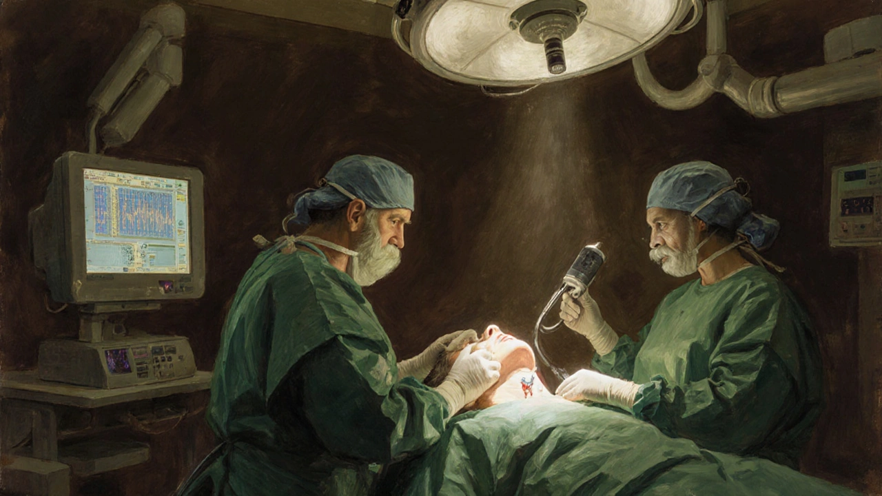 Surgeon performing a thyroidectomy with glowing iodine tracer and nerve monitoring device in background.