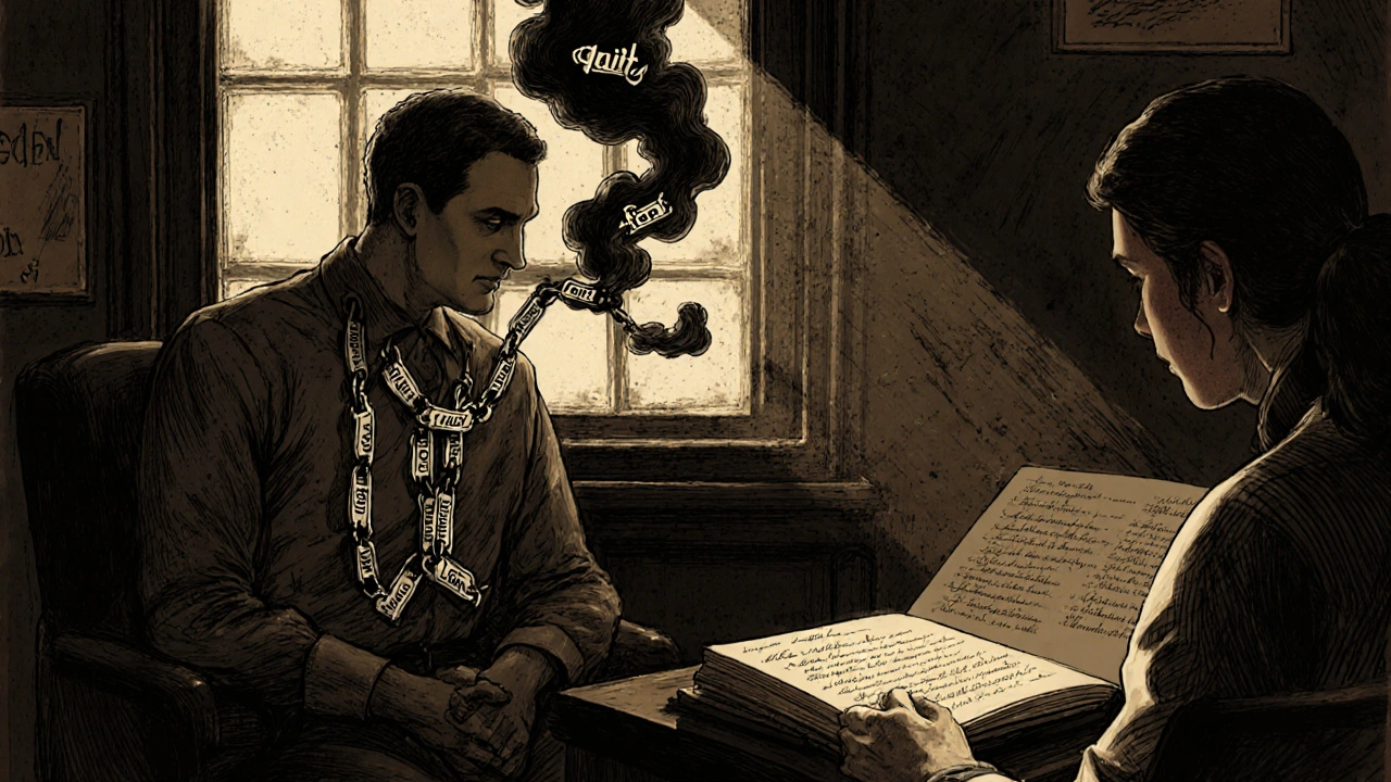 Therapist and patient in a sunlit office as emotional chains unravel from the patient’s chest.