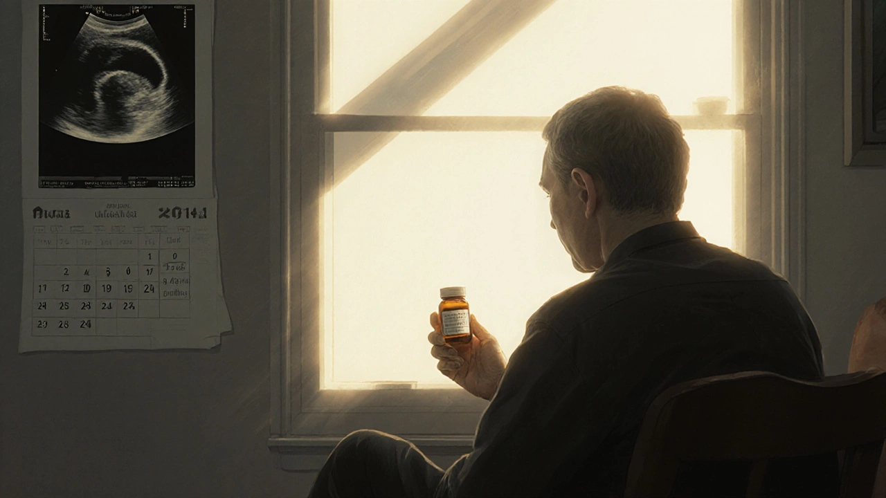 Thyroid cancer survivor holding medication by a sunlit window, symbolizing lifelong management and recovery.