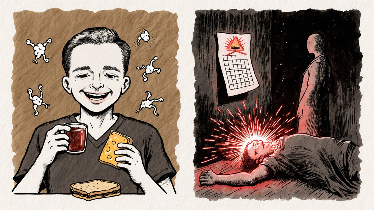 Two-panel illustration: peaceful eating vs. medical crisis, showing how food and meds can trigger deadly blood pressure spikes.