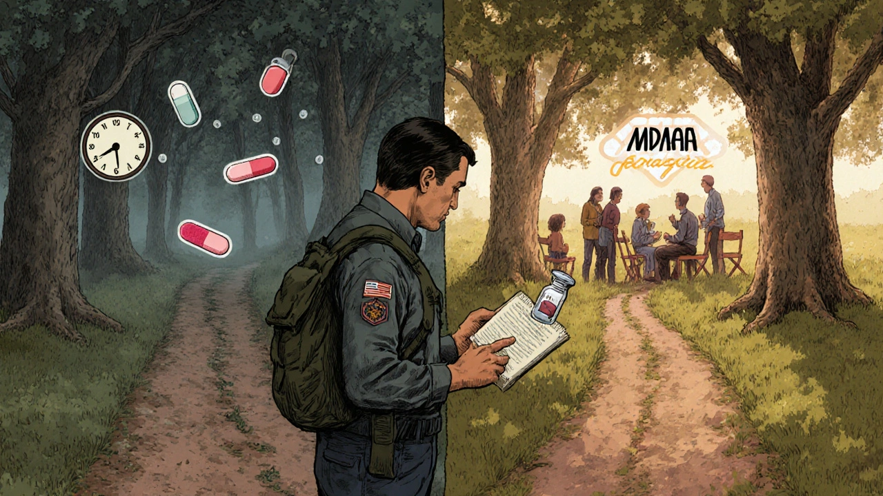 Veteran choosing between medication and therapy paths, with symbolic symbols glowing in the distance.