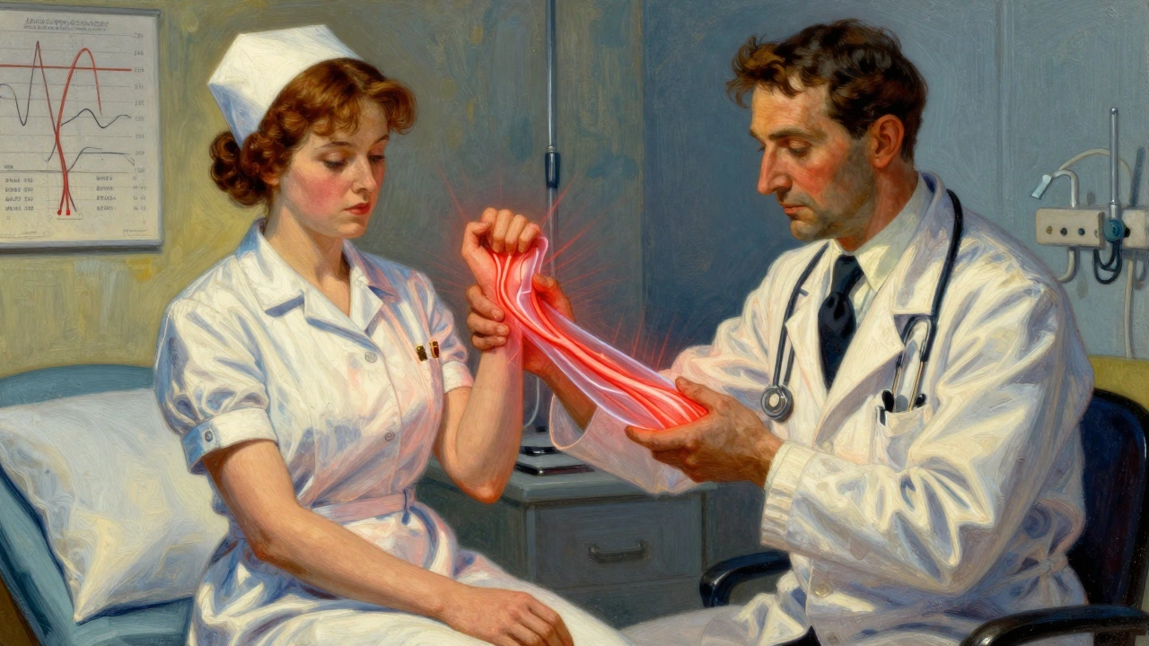 A doctor testing a nurse&#039;s wrist, with pressure lines and a strained nerve visible in transparent detail.