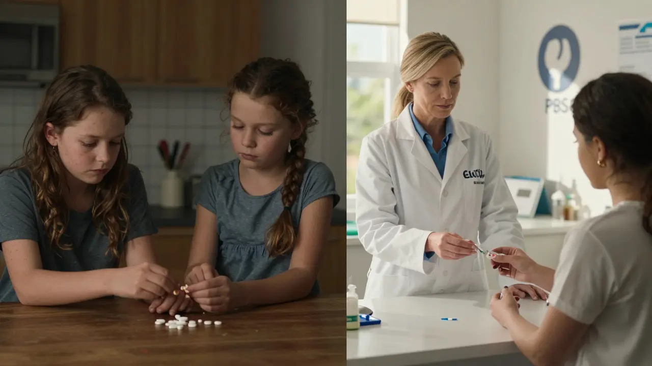A family splitting pills at home versus a patient receiving affordable medicine in an Australian clinic.