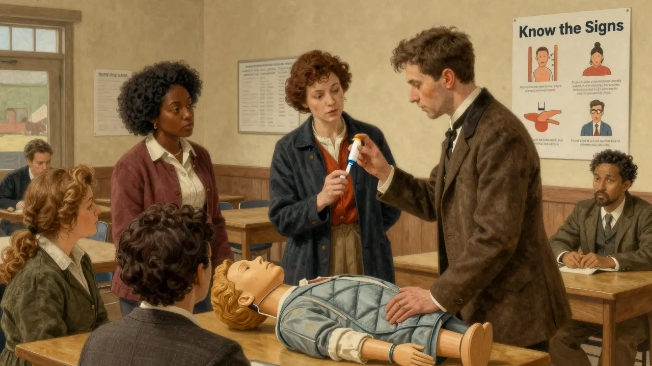 A group learns how to use naloxone in a community center, with educational posters on the wall.