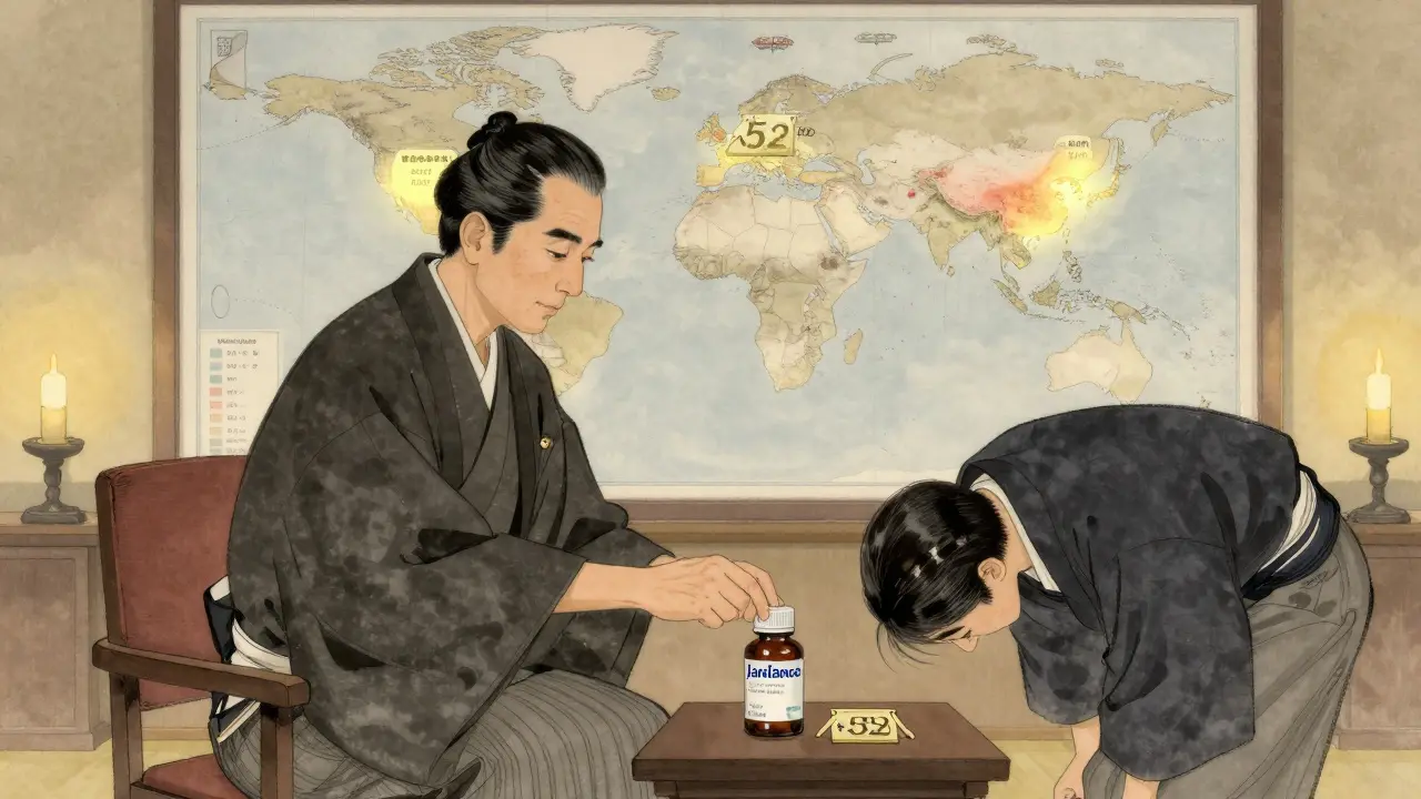 A Japanese official negotiating a low drug price, surrounded by global price maps and a submissive drugmaker.