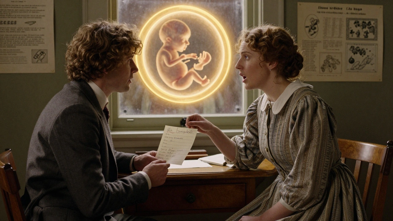 A mother consulting a specialist, with a glowing fetal silhouette visible through a window.
