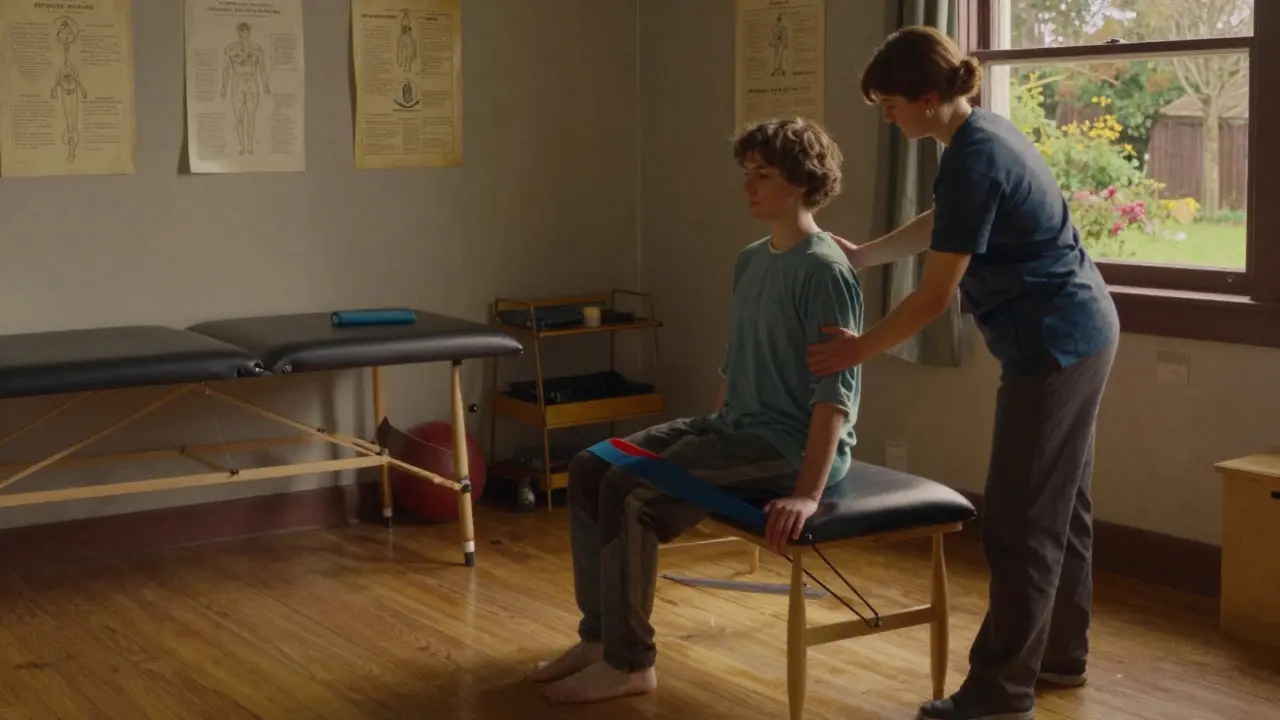 A patient doing a leg exercise with a therapist in a sunlit room, focusing on proper form.