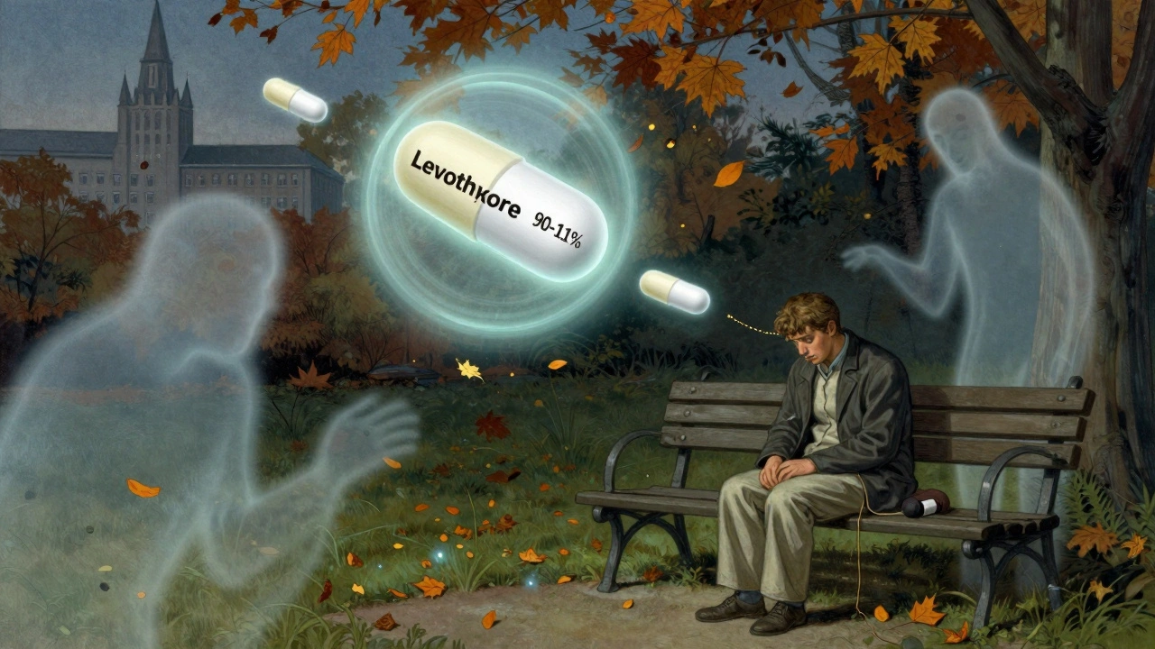 A patient on a bench surrounded by floating pills with a narrow confidence interval glowing like a protective halo.