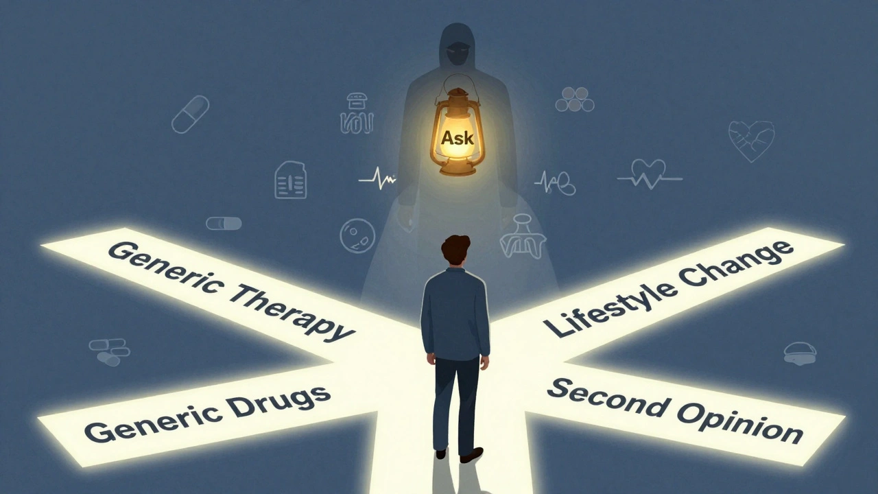 A person at a crossroads with five glowing paths representing alternative treatments.