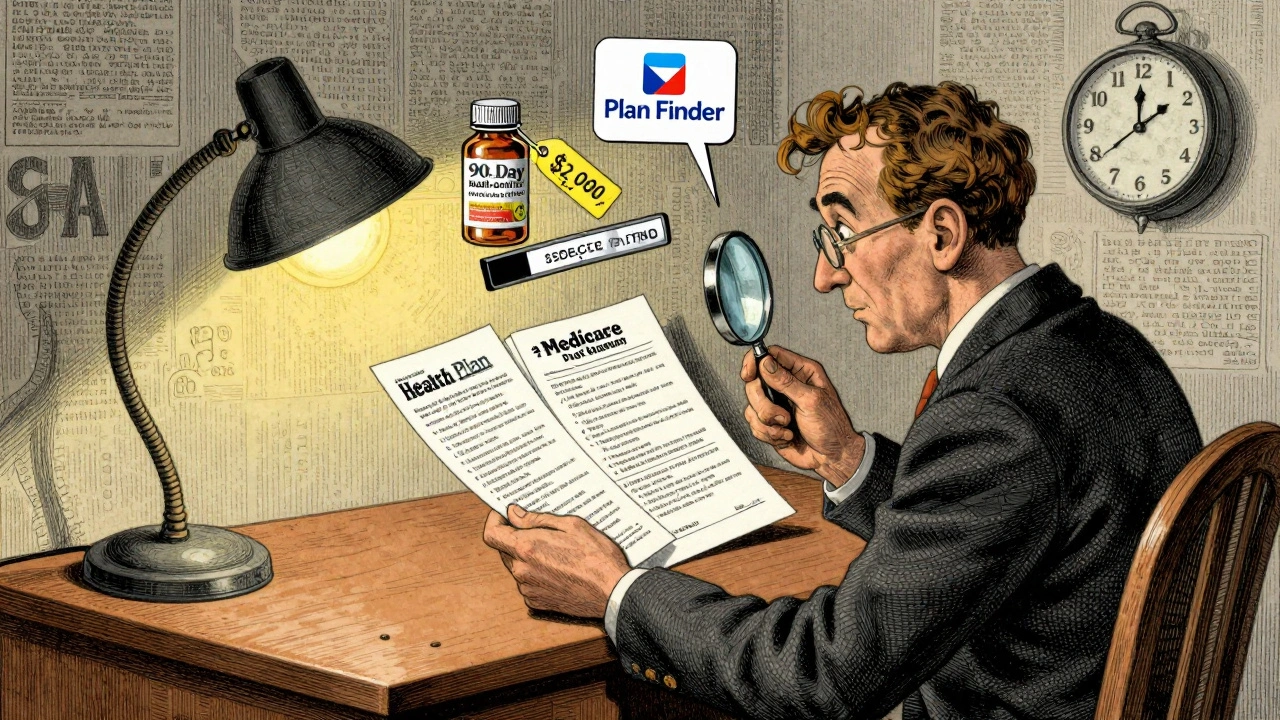 A person comparing health plans at night with magnifying glass, mail-order bottle, and deductible bar visible.