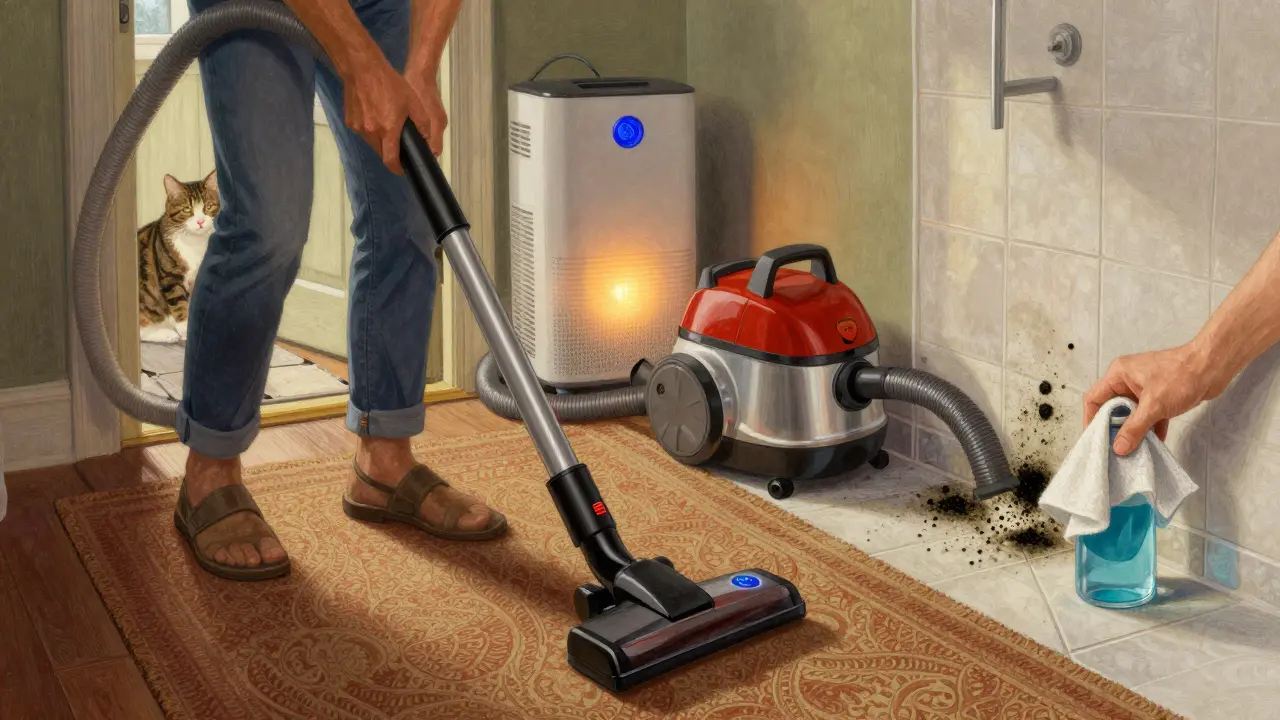 A person vacuuming with a HEPA filter while a cat stays out of the bedroom, fighting hidden allergens.