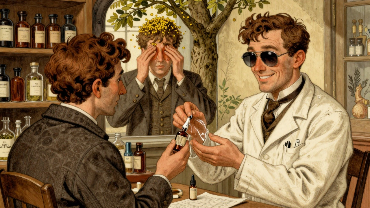 A pharmacist gives eye drops to a patient in a vintage apothecary, with contrasting scenes of allergy suffering and relief.