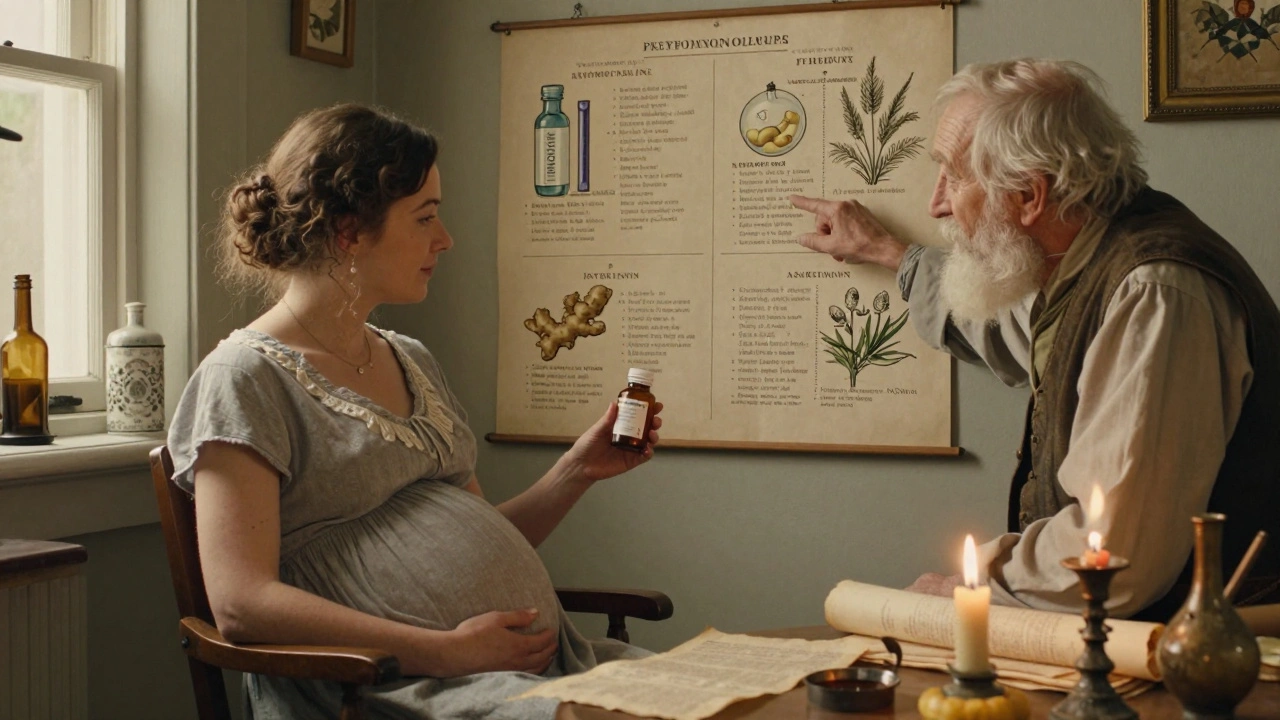A pregnant woman in an apothecary with a herbalist, comparing safe and risky pregnancy medications.