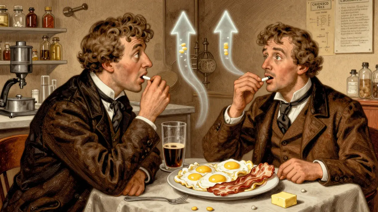 A scientist observing two patients taking medication with and without food in a vintage lab.