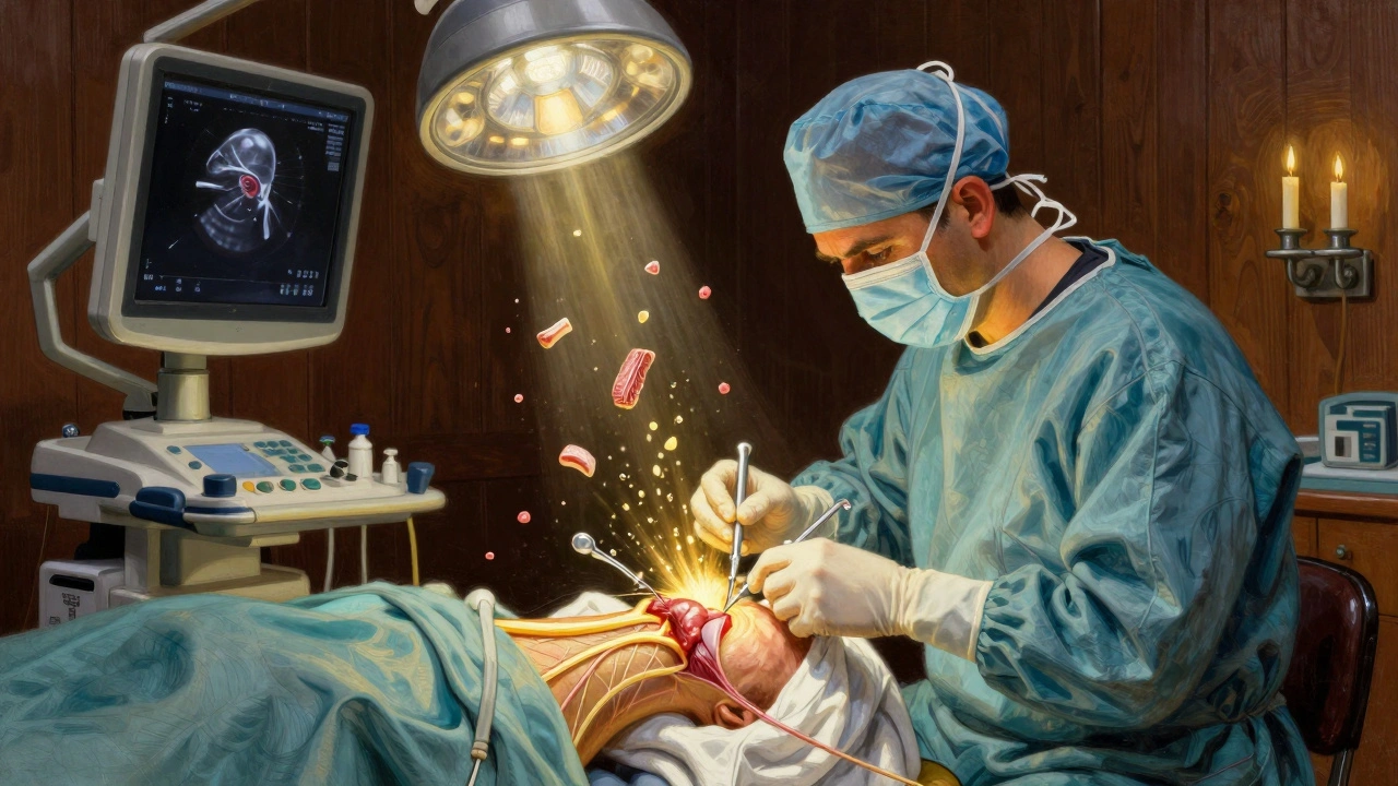 A surgeon freeing a compressed nerve during surgery, with golden light bursting as damaged tissue dissolves.