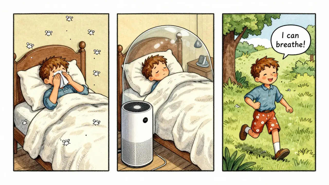 A three-panel story showing allergy relief through home changes, from suffering to breathing easily.