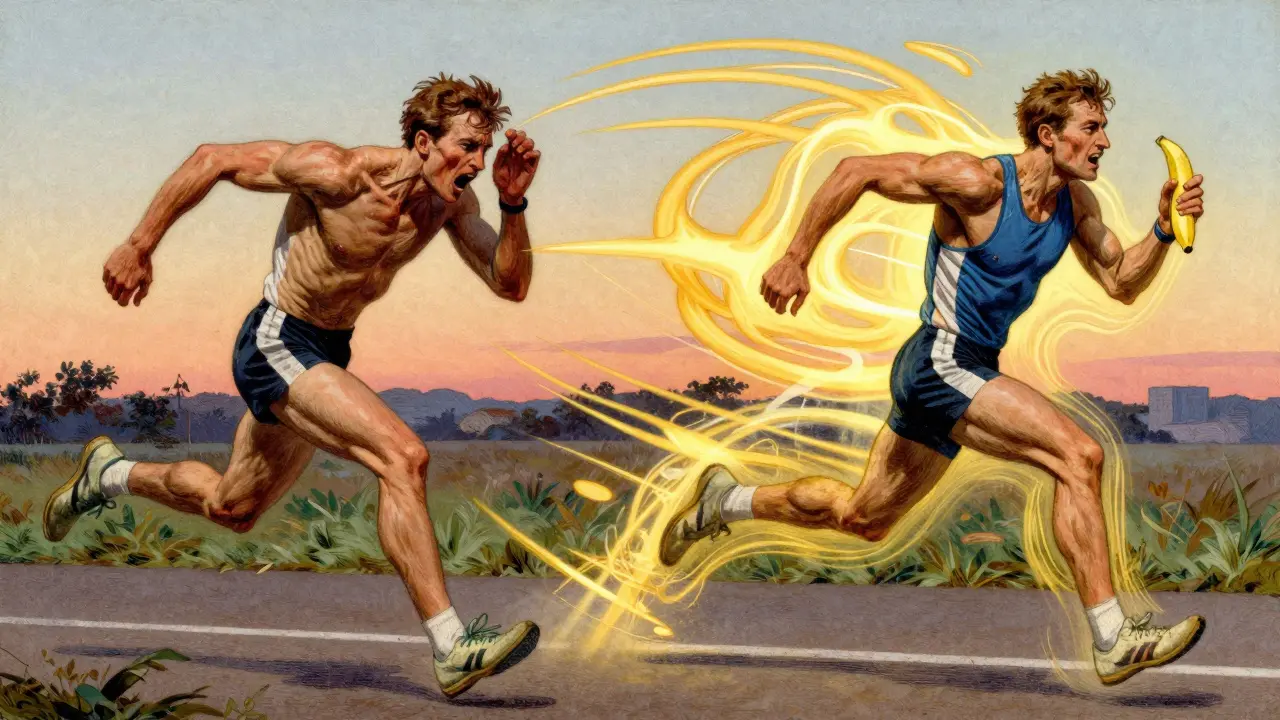 An athlete split into two versions: one fatigued fasted, one energized after eating.