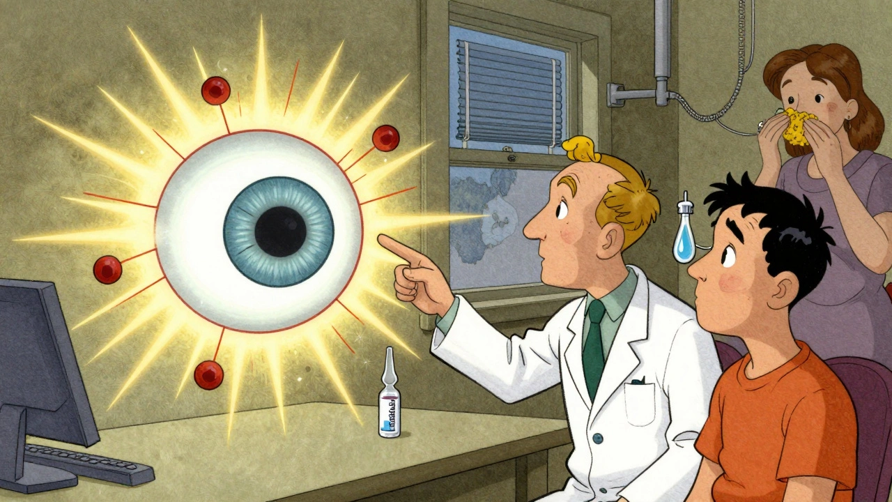 An eye doctor explains allergy science as histamine bursts from cells, with treatments and prevention visible in the background.
