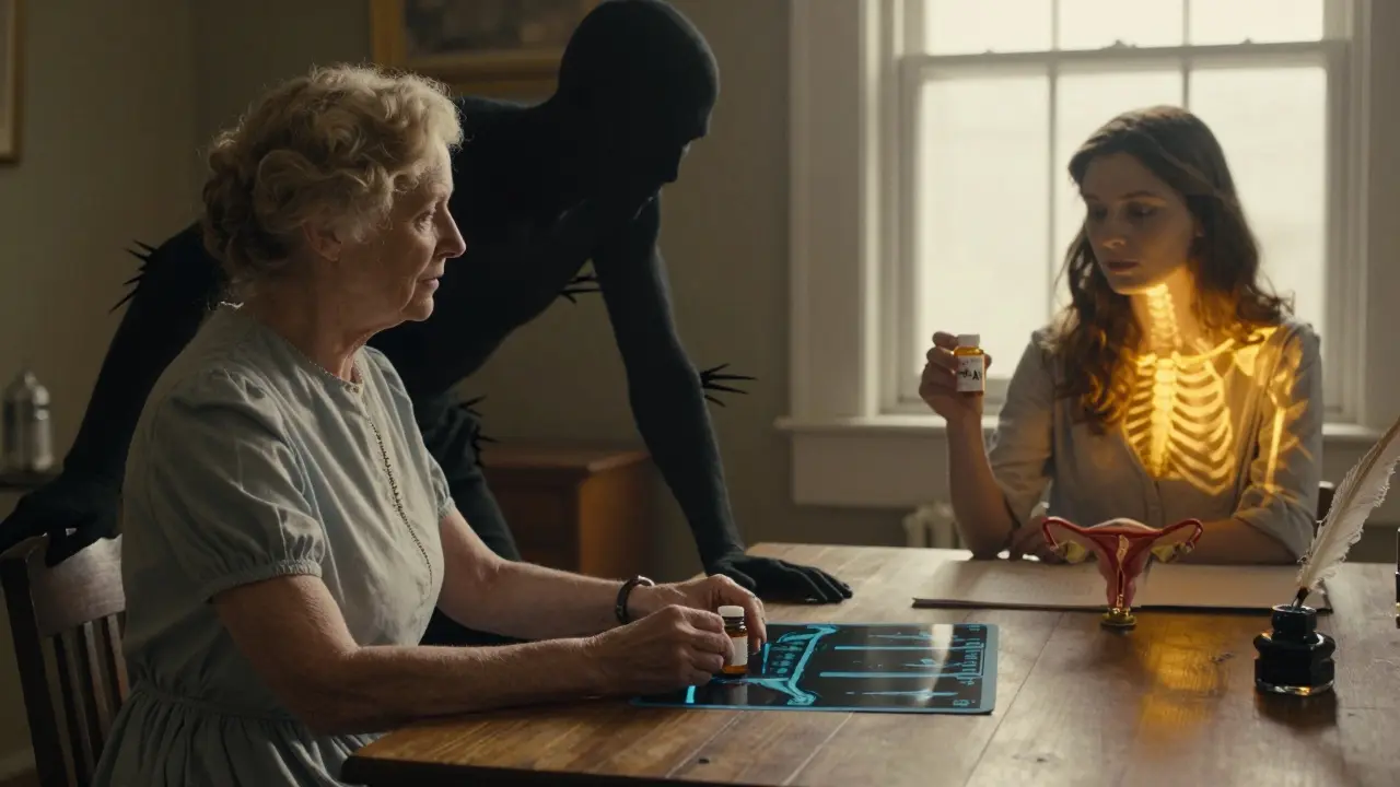 An older woman at a table with an AI pill and brittle bone scan, while a younger woman beside her holds tamoxifen in warm light.
